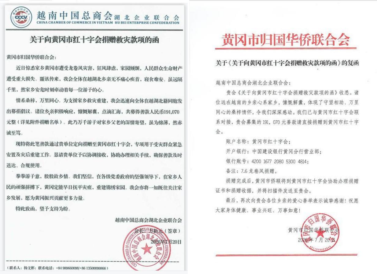 越南中国总商会湖北企业联合会向黄冈市红十字会捐赠善款支援灾后重建